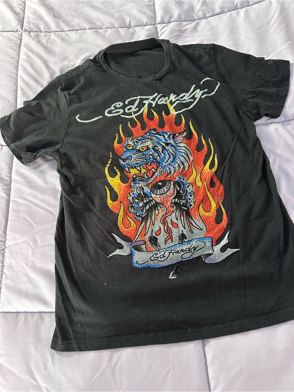 Ed Hardy Black Tee with Blue Tiger and Red Flames